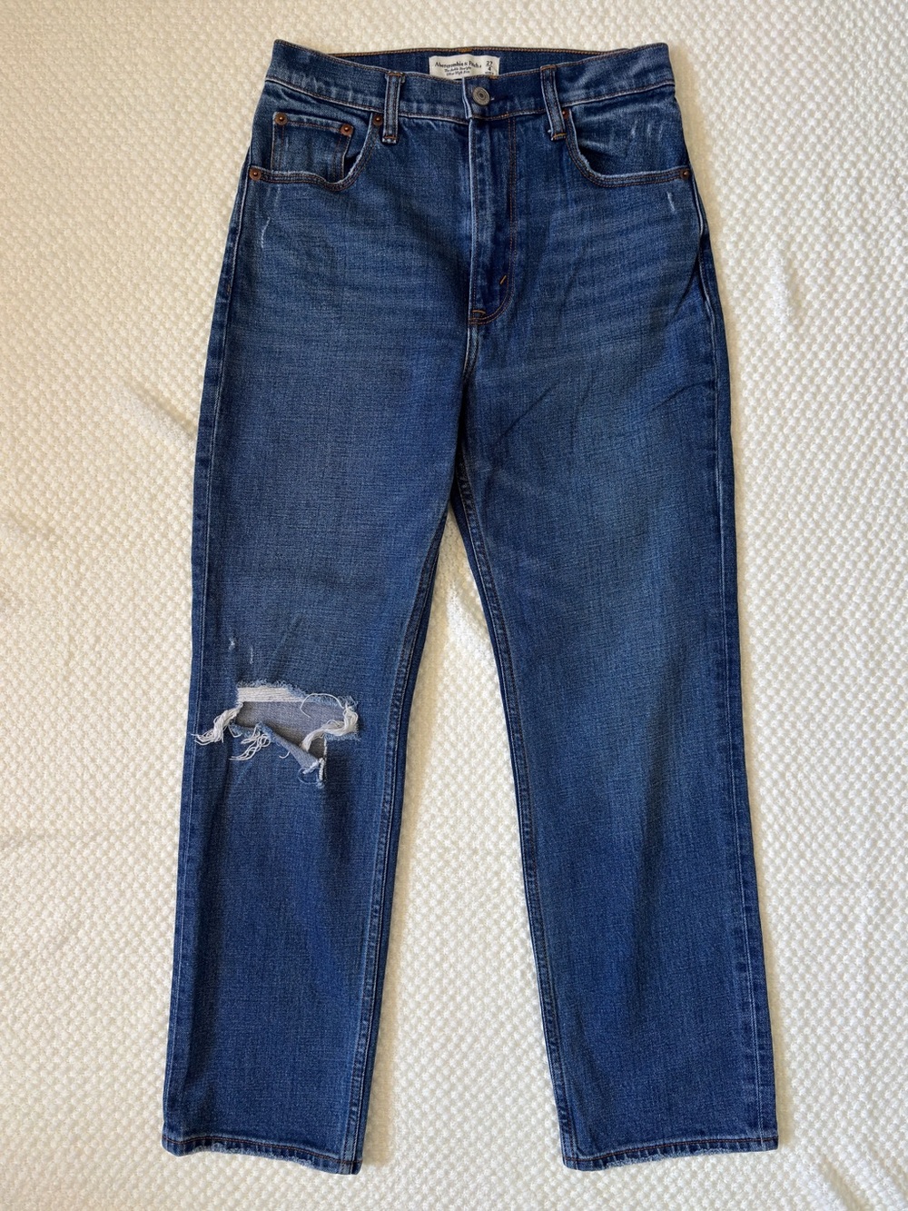 Abercrombie & Fitch Ankle Straight Jeans 27/4 Ultra High Distressed Blue Denim